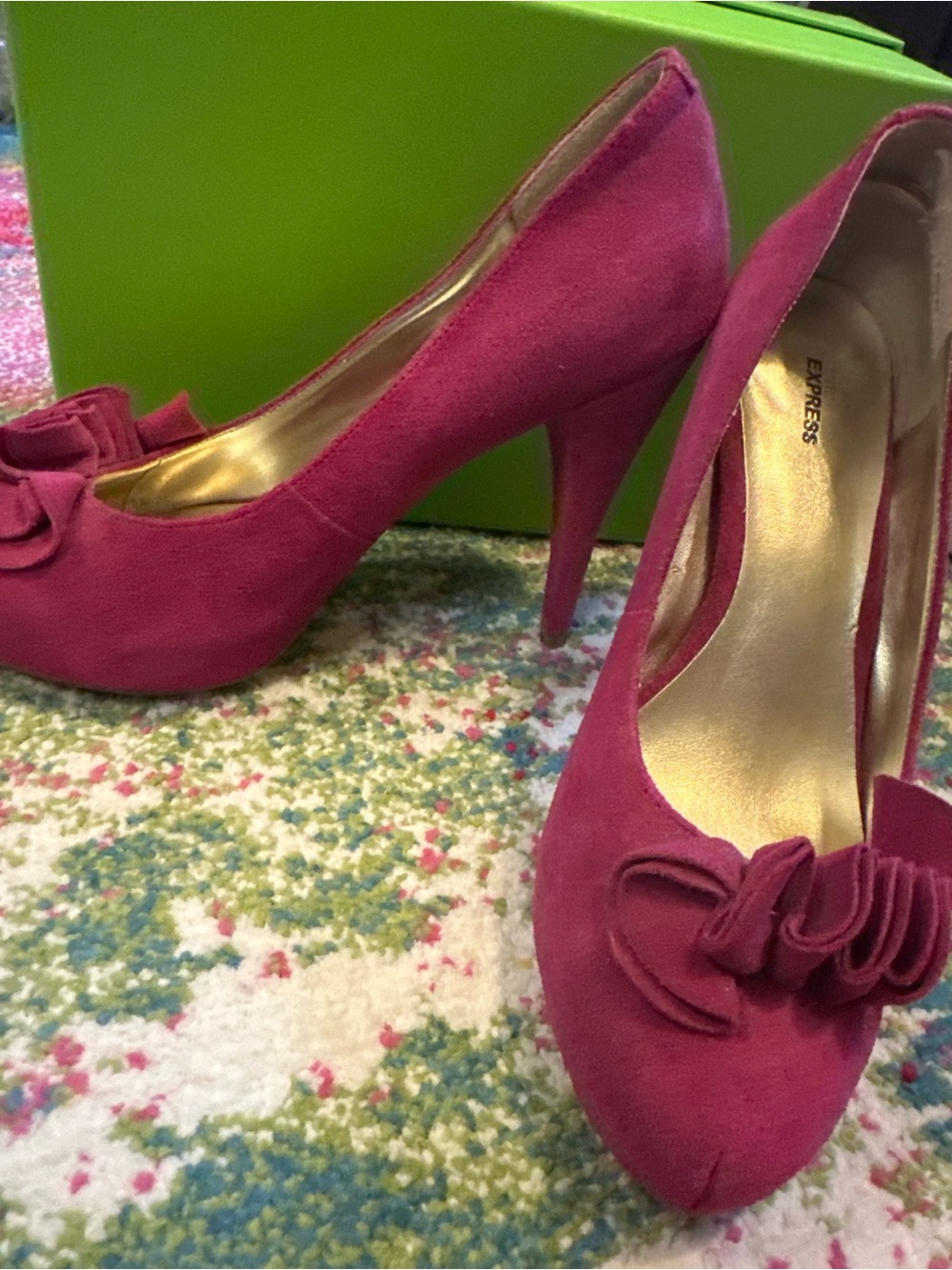 Express Fuchsia Suede High Heel Pumps with Bow Accent